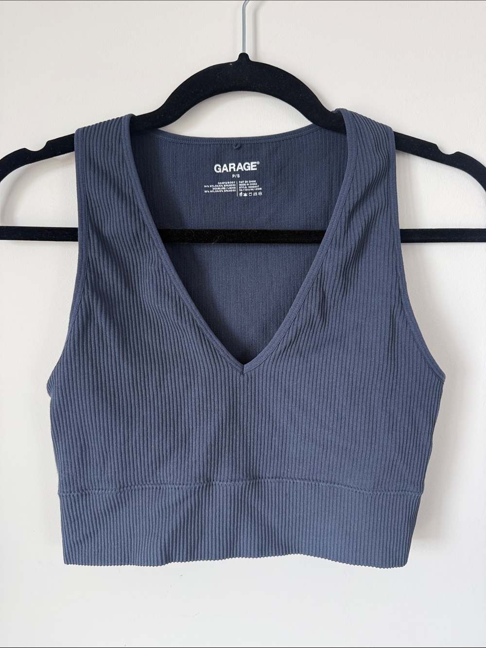 Garage Ribbed V-Neck Cropped Tank Top in Slate Blue